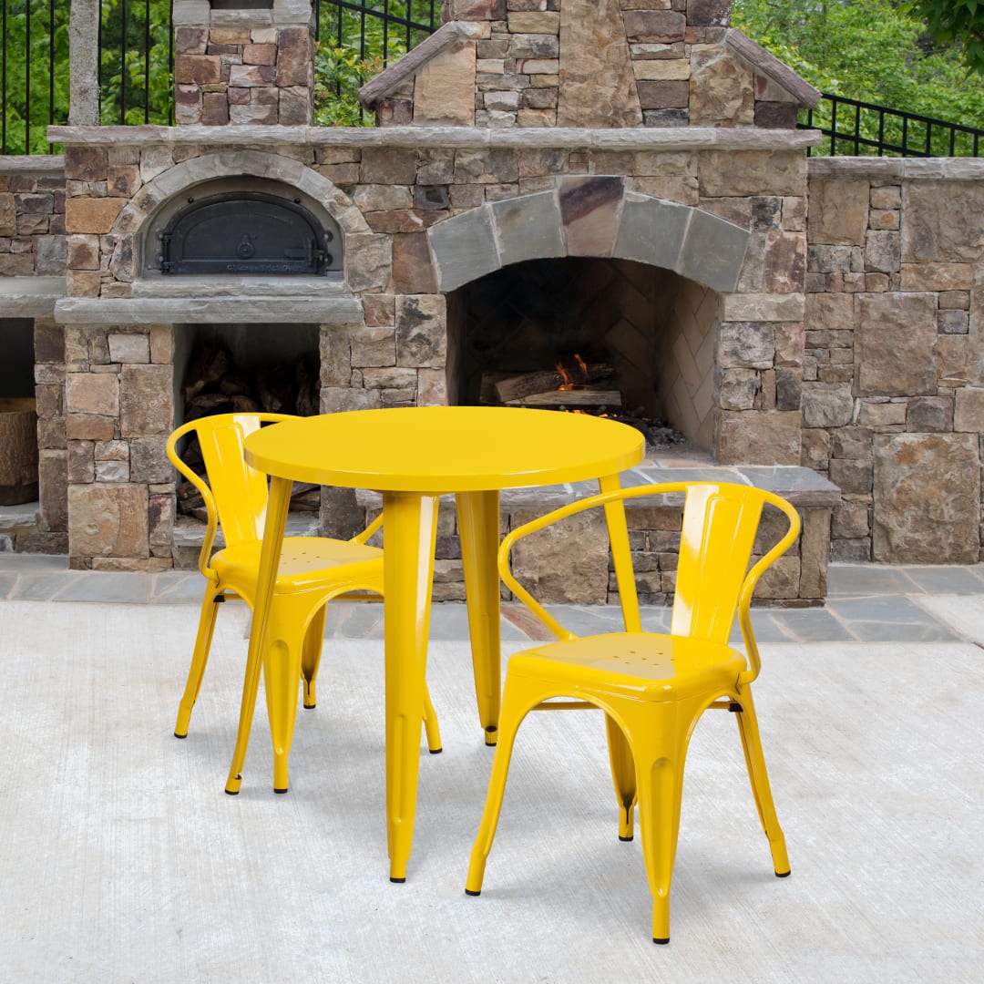 Conrad  Commercial Grade 30" Round Yellow Metal Indoor-Outdoor Table Set with 2 Arm Chairs