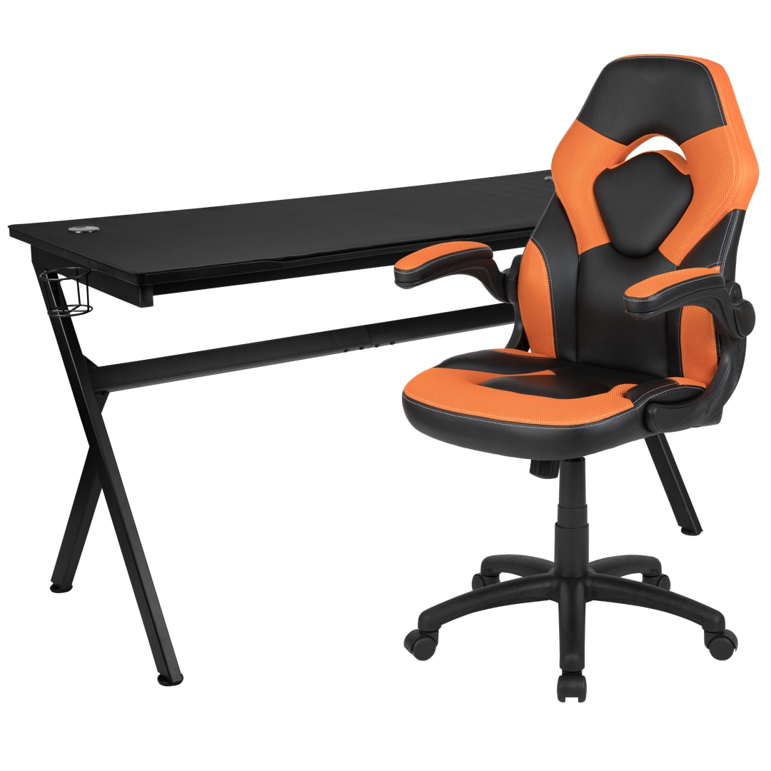 Optis Gaming Desk and Orange/Black Racing Chair Set /Cup Holder/Headphone Hook/Removable Mouse Pad Top - 2 Wire Management Holes