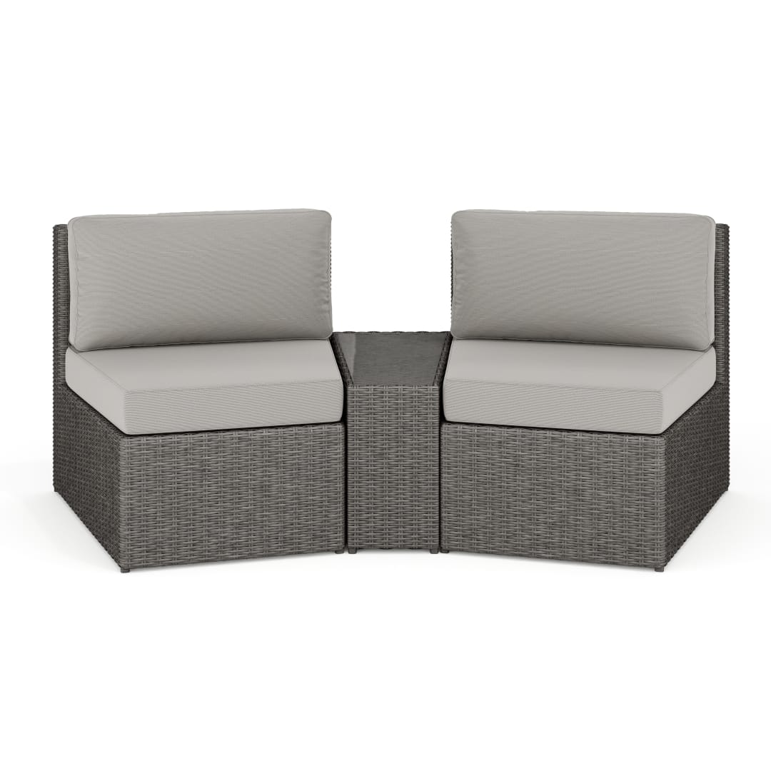 Bedford Set of 2 Indoor-Outdoor Modular Patio Curved Sectional Sofa Seats and Side Table in Gray Rattan Wicker with Gray All-Weather Cushions