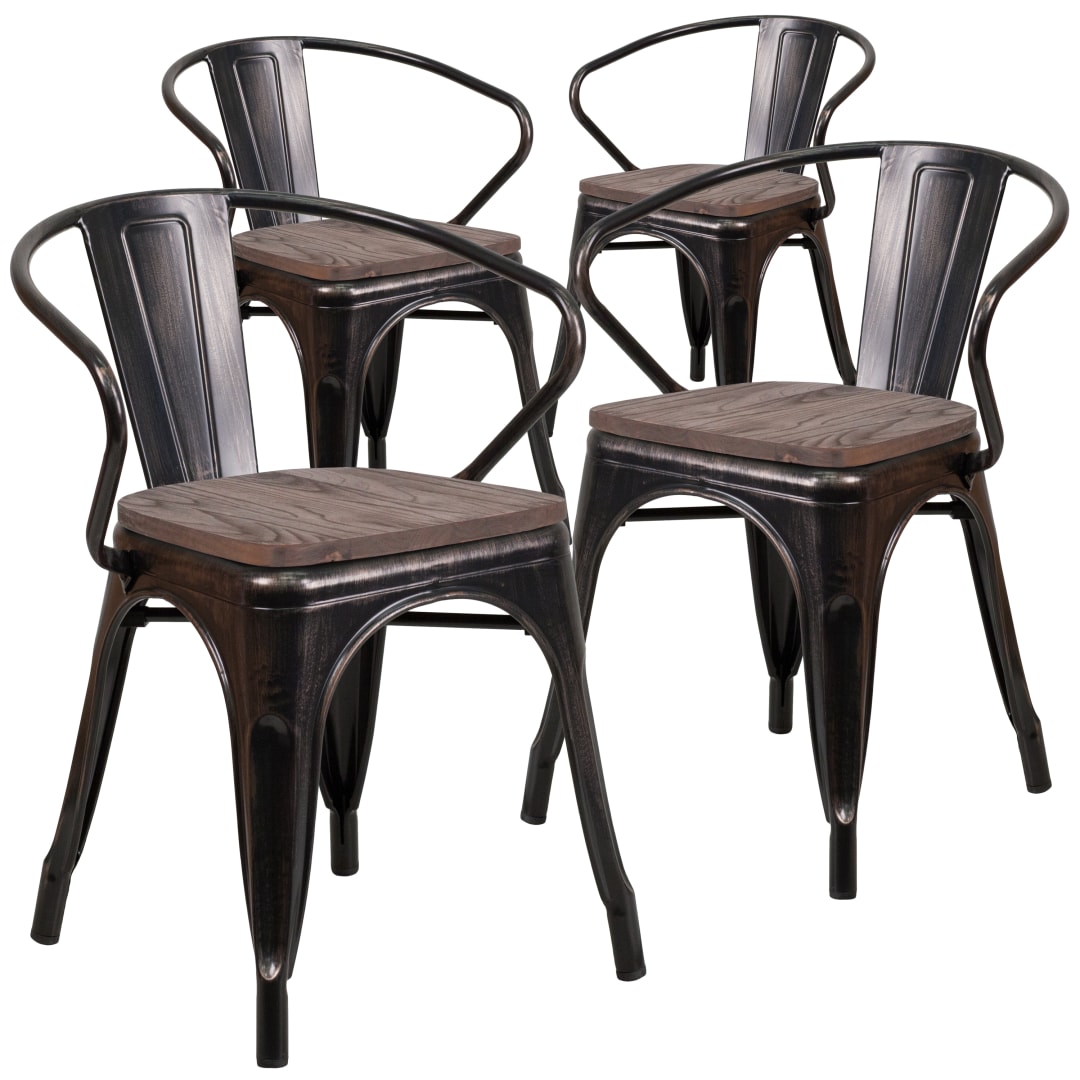 Roy 4 Pk. Black-Antique Gold Metal Chair with Wood Seat and Arms