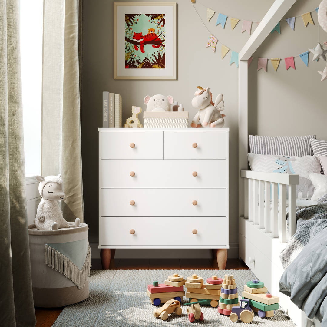 Large Kids 5-Drawer Wood Dresser Chest for Bedrooms, White/Natural