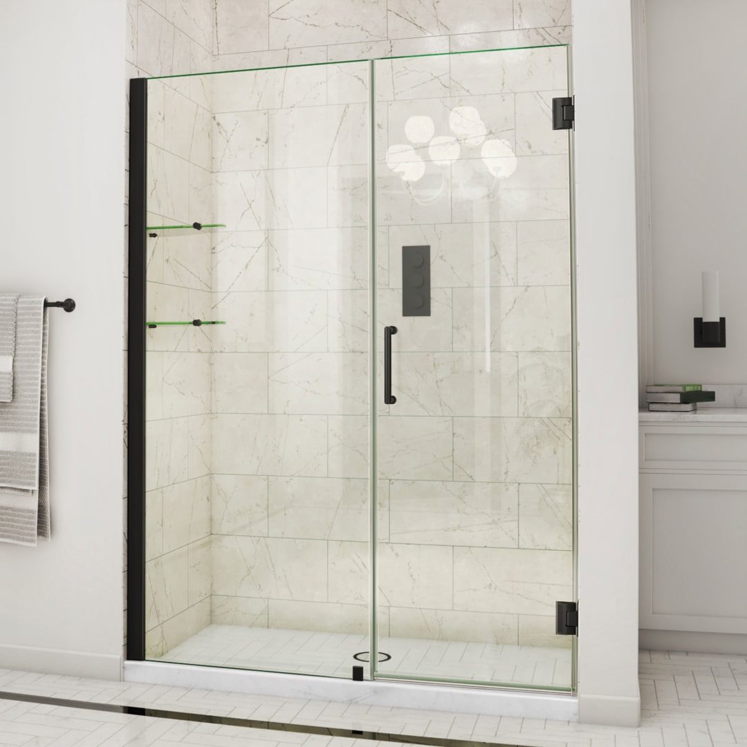 DreamLine Unidoor 57 - 58 inch W x 72 inch H Frameless Hinged Shower Door with Shelves in Matte Black