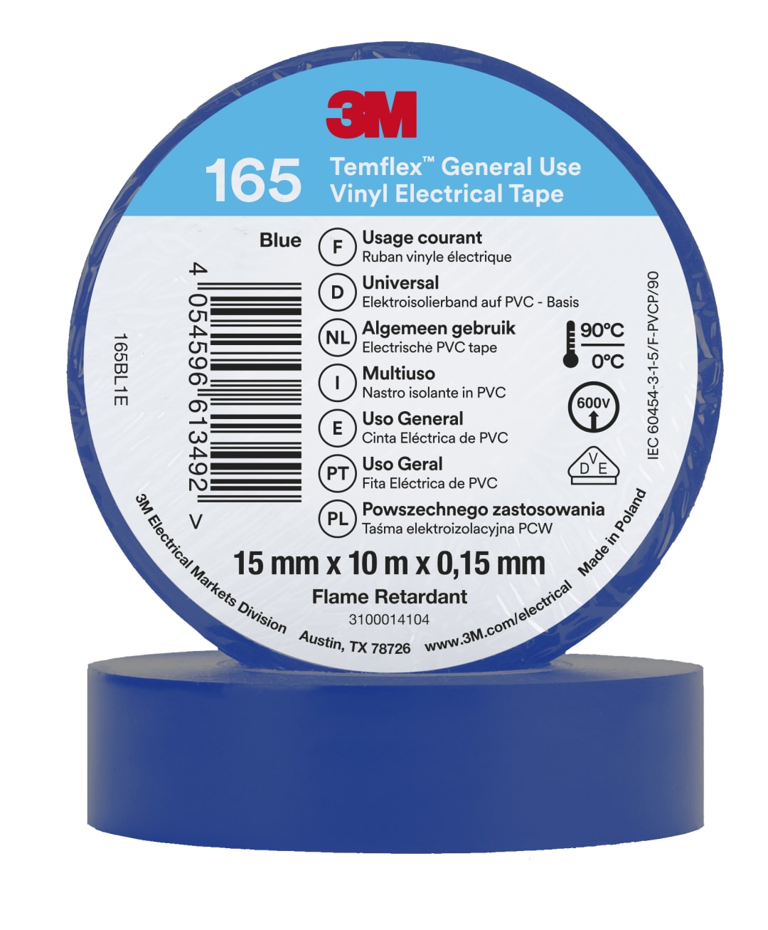 3M™ Temflex™ Vinyl Electrical Tape 165, Blue, 15 mm x 10 m, 100 Rolls/Case