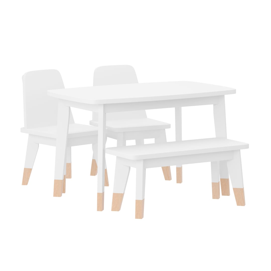 Swiftwater Kids 4-Piece Wood Table, 2 Chairs, and Bench Seating Set with Rounded Corners, White/Natural