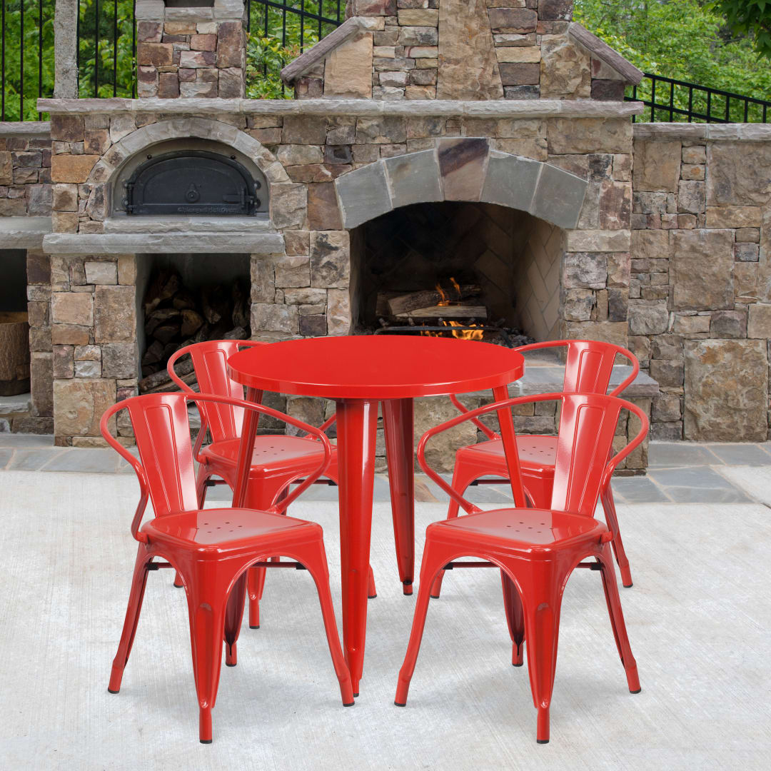 Cory Commercial Grade 30" Round Red Metal Indoor-Outdoor Table Set with 4 Arm Chairs