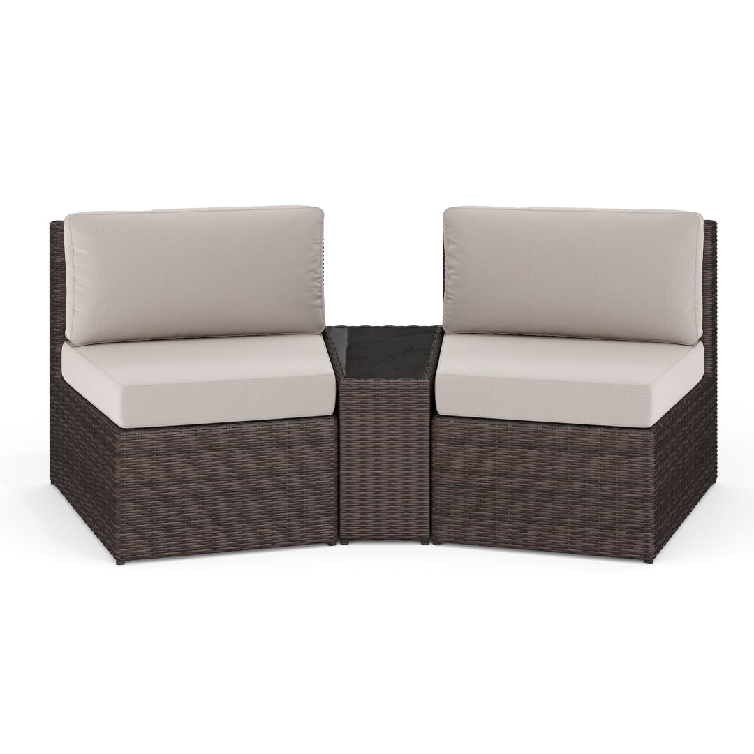 Bedford Set of 2 Indoor-Outdoor Modular Patio Curved Sectional Sofa Seats and Side Table in Brown Rattan Wicker with Tan All-Weather Cushions