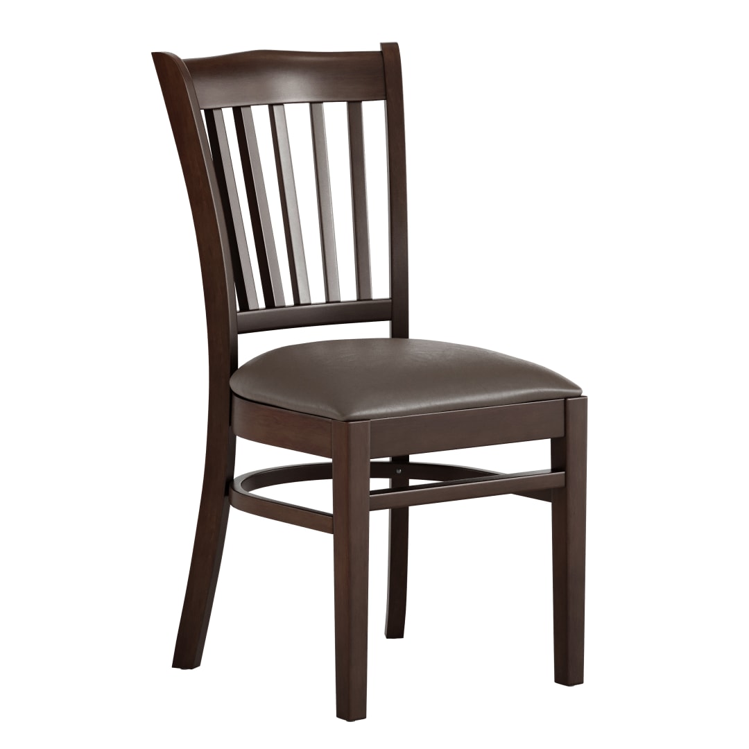 HERCULES Vertical Slat Back Walnut Wood Restaurant Chair - Mocha Vinyl Seat