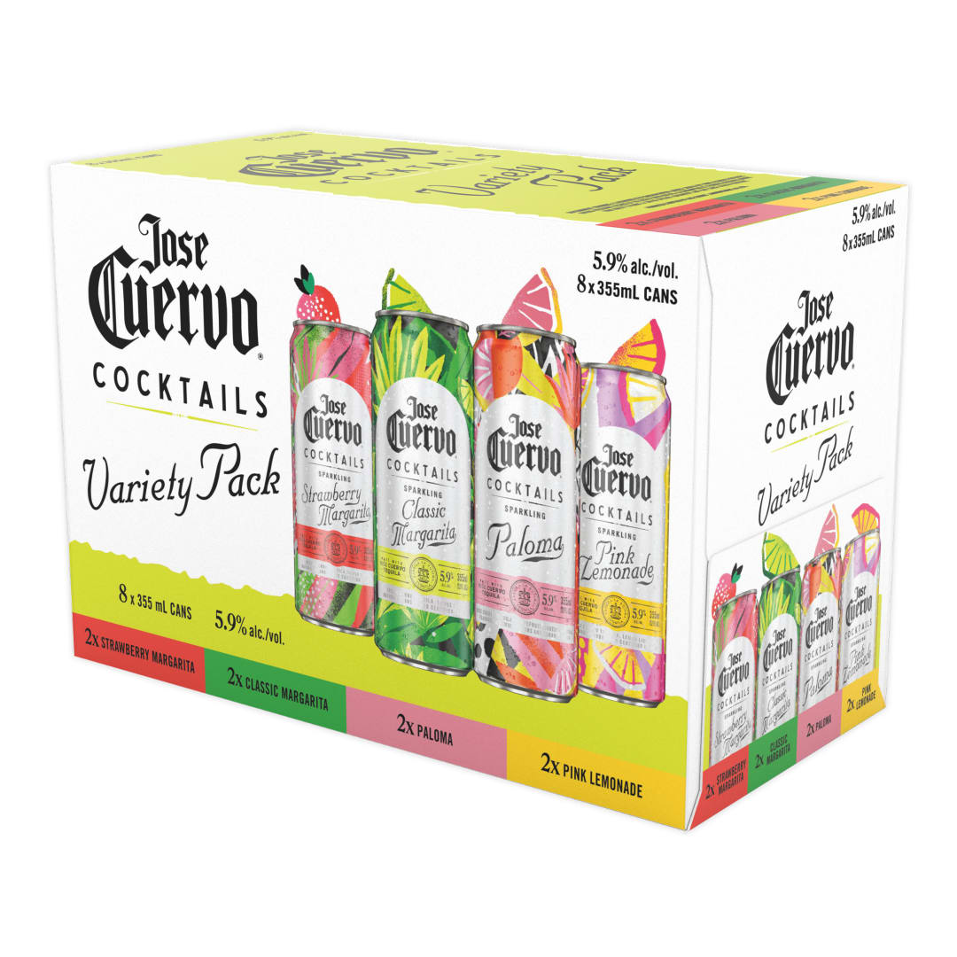 Jose Cuervo Sparkling Cocktails Variety Pack Classic Margarita, Strawberry Margarita, Paloma, and Pink Lemonade