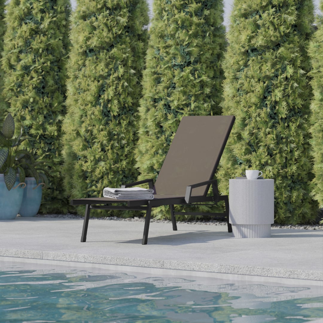 Brazos Adjustable Chaise Lounge Chair with Arms, All-Weather Outdoor Five-Position Recliner, Black/Brown