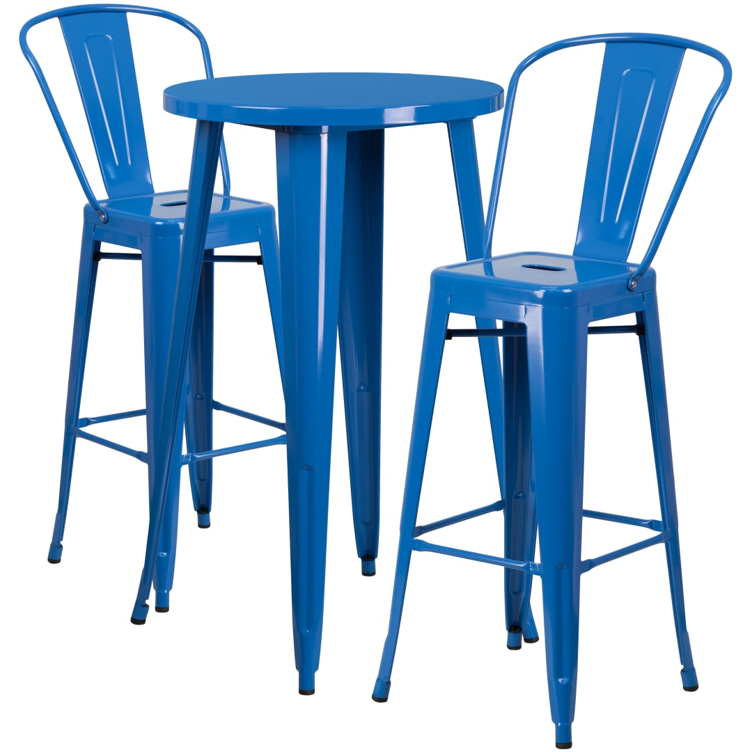Nichols Commercial Grade 24" Round Blue Metal Indoor-Outdoor Bar Table Set with 2 Cafe Stools