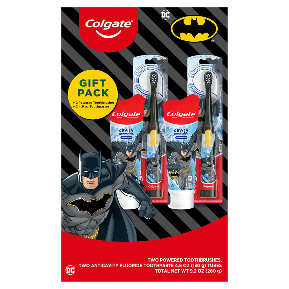 Colgate Kids Toothbrush Set with Toothpaste, Batman Gift Set, 2 Battery Toothbrushes and 2 Toothpastes