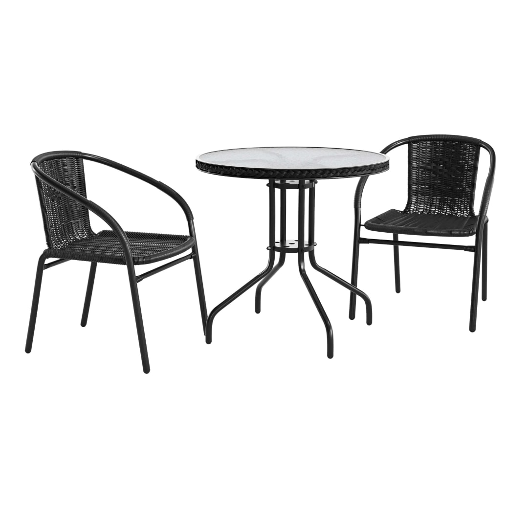 Lila 28'' Round Glass Metal Table with Black Rattan Edging and 2 Black Rattan Stack Chairs