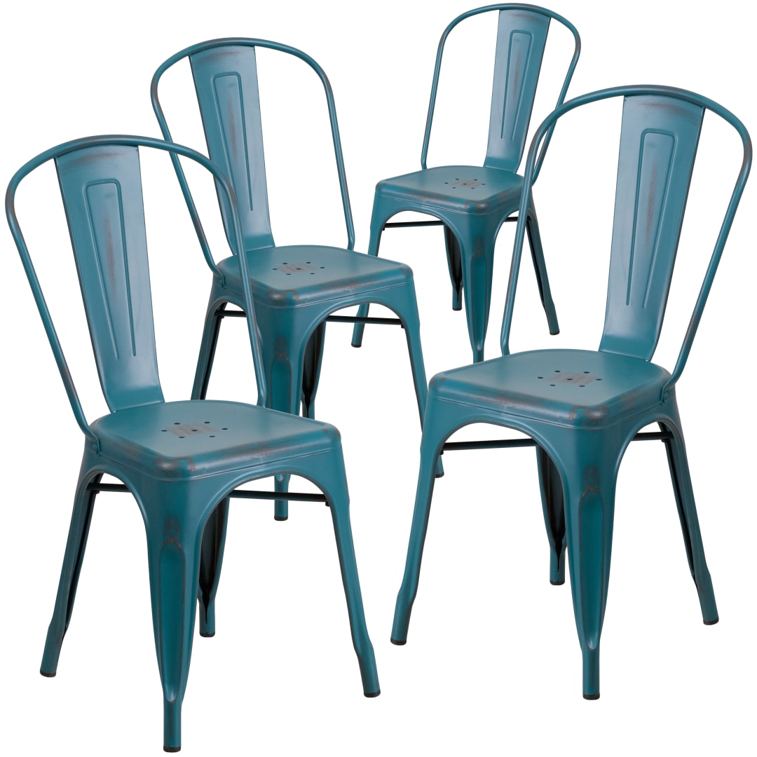 Blake Commercial Grade 4 Pack Distressed Kelly Blue-Teal Metal Indoor-Outdoor Stackable Chair