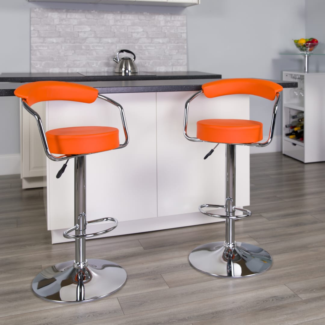 Cruz Contemporary Orange Vinyl Adjustable Height Barstool with Arms and Chrome Base