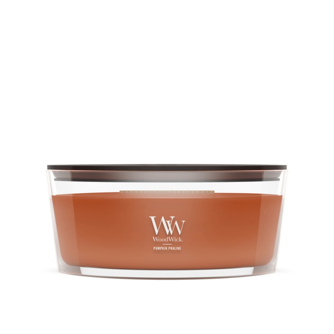 WoodWick® Pumpkin Praline Scented Ellipse Candle, Crackles as it Burns, Up to 50 hrs Burn time, 16oz