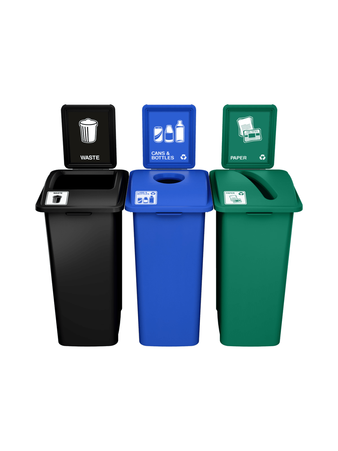  WASTE WATCHER - Triple - Kit - Xl - Waste-Cans &amp; Bottles-Paper - Full-Circle-Slot - Black-Blue-Green