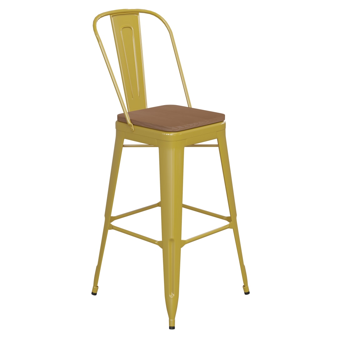 Kai Commercial Grade 30" High Yellow Metal Indoor-Outdoor Bar Height Stool with Removable Back and Teak All-Weather Poly Resin Seat