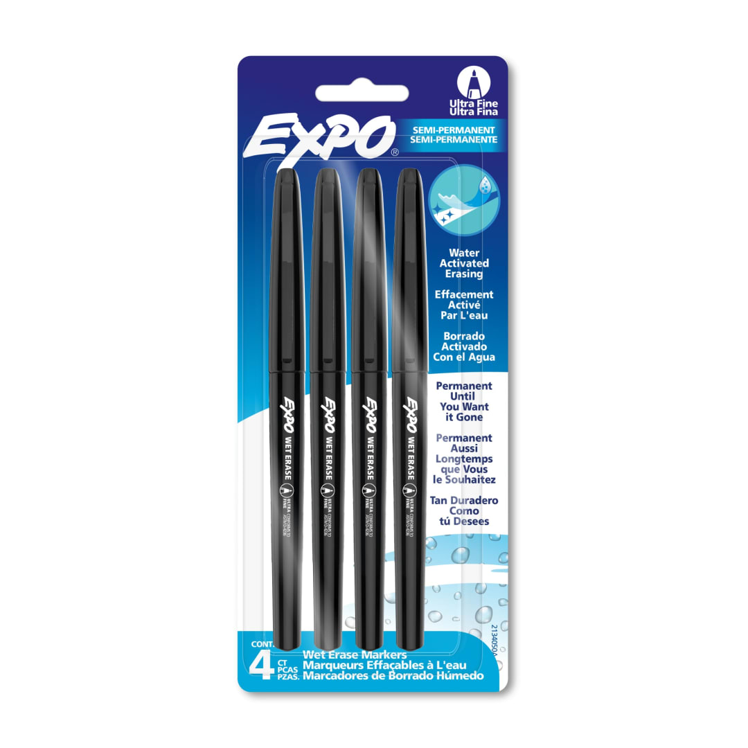 EXPO Wet Erase Markers, Semi-Permanent Markers, Black, Ultra Fine Tip, 4 Count