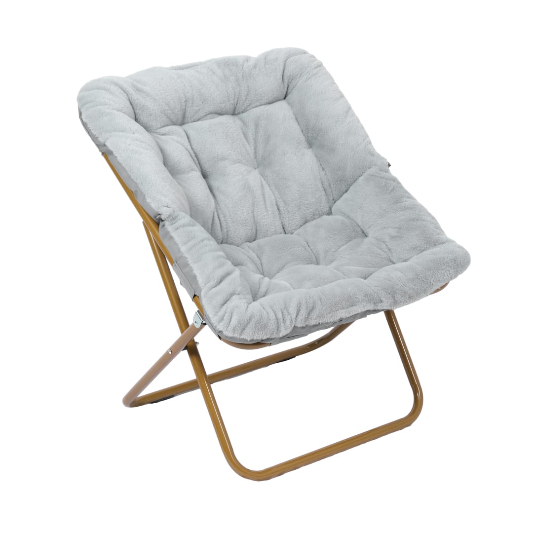 Archer 28" Oversized Portable Faux Fur Folding Saucer Chair for Dorm, Bedroom, Gray Faux Fur/Soft Gold Frame