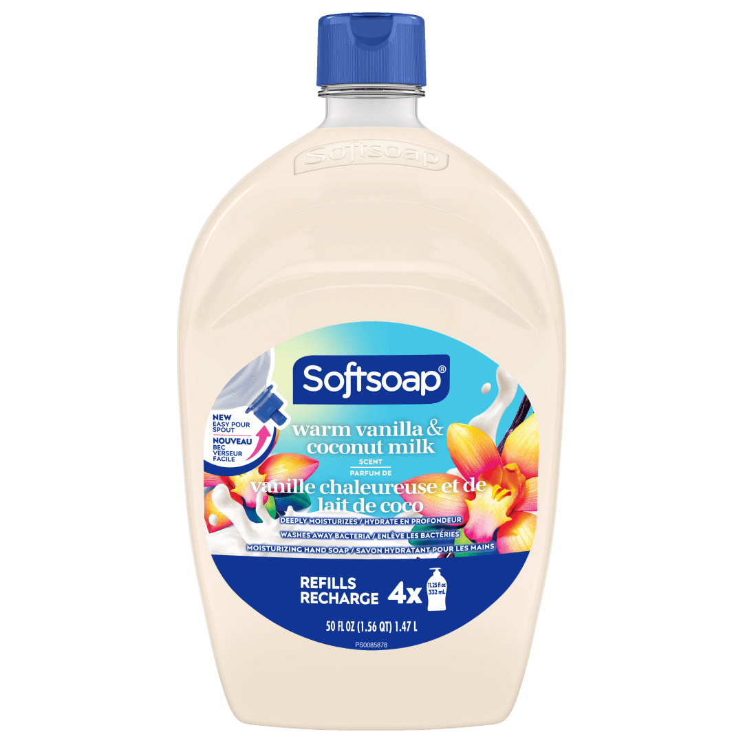 Softsoap Moisturizing Liquid Hand Soap with New Easy Pour Spout, Kitchen and Bathroom Hand Soap, Warm Vanilla and Coconut Milk Scent, 50 fl oz Refill