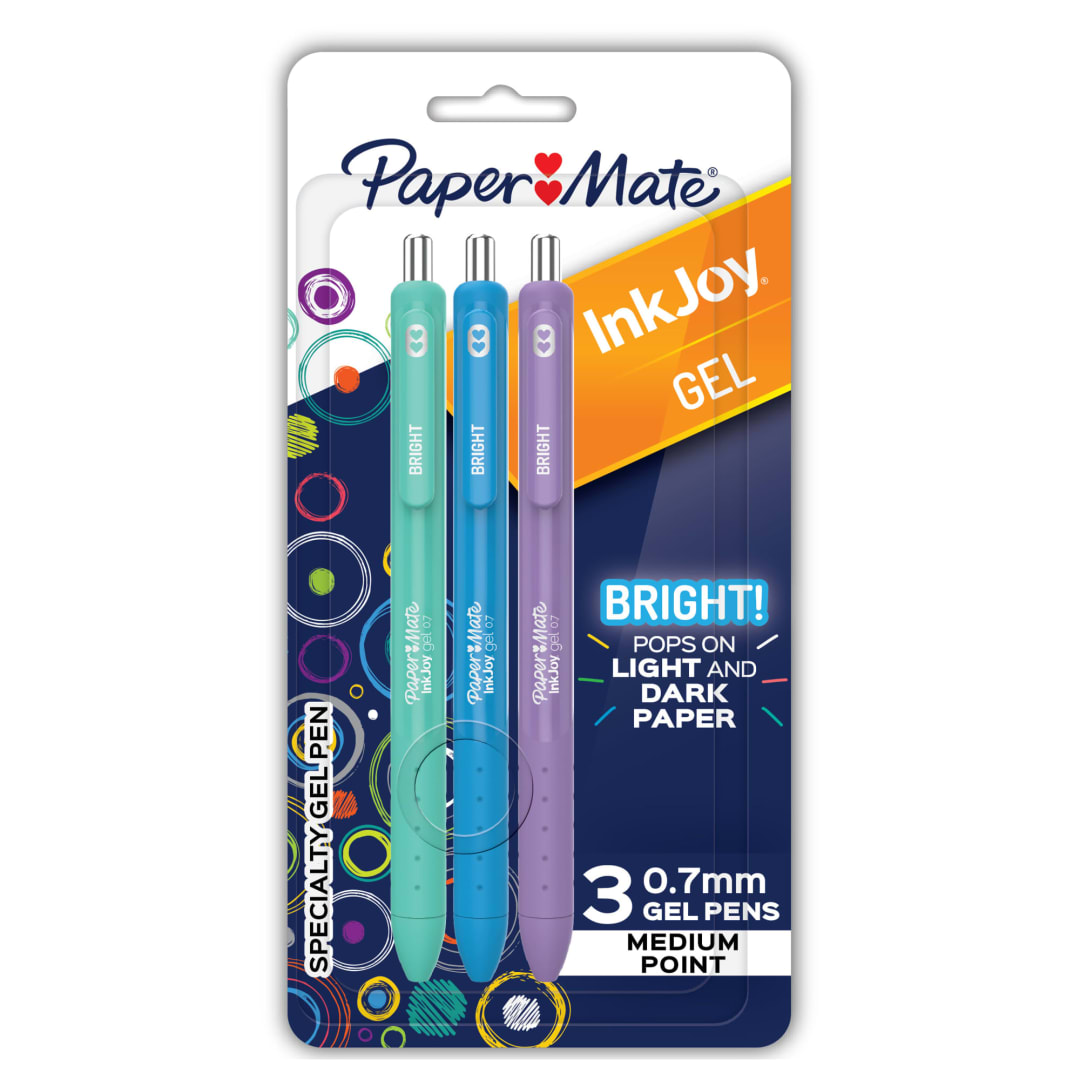 Paper Mate® InkJoy® Bright Pens, Gel Pens, Medium Point (0.7mm), Retractable, Assorted Brighter Ink, 3 Count