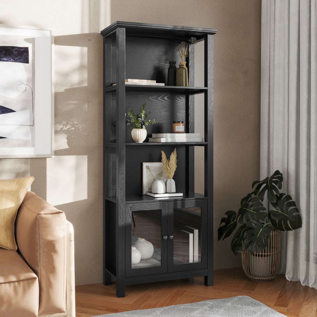 Stella Modern Farmhouse Wooden Bookcase and Storage Cabinet with Tempered Glass Doors and 3 Upper Shelves in Black