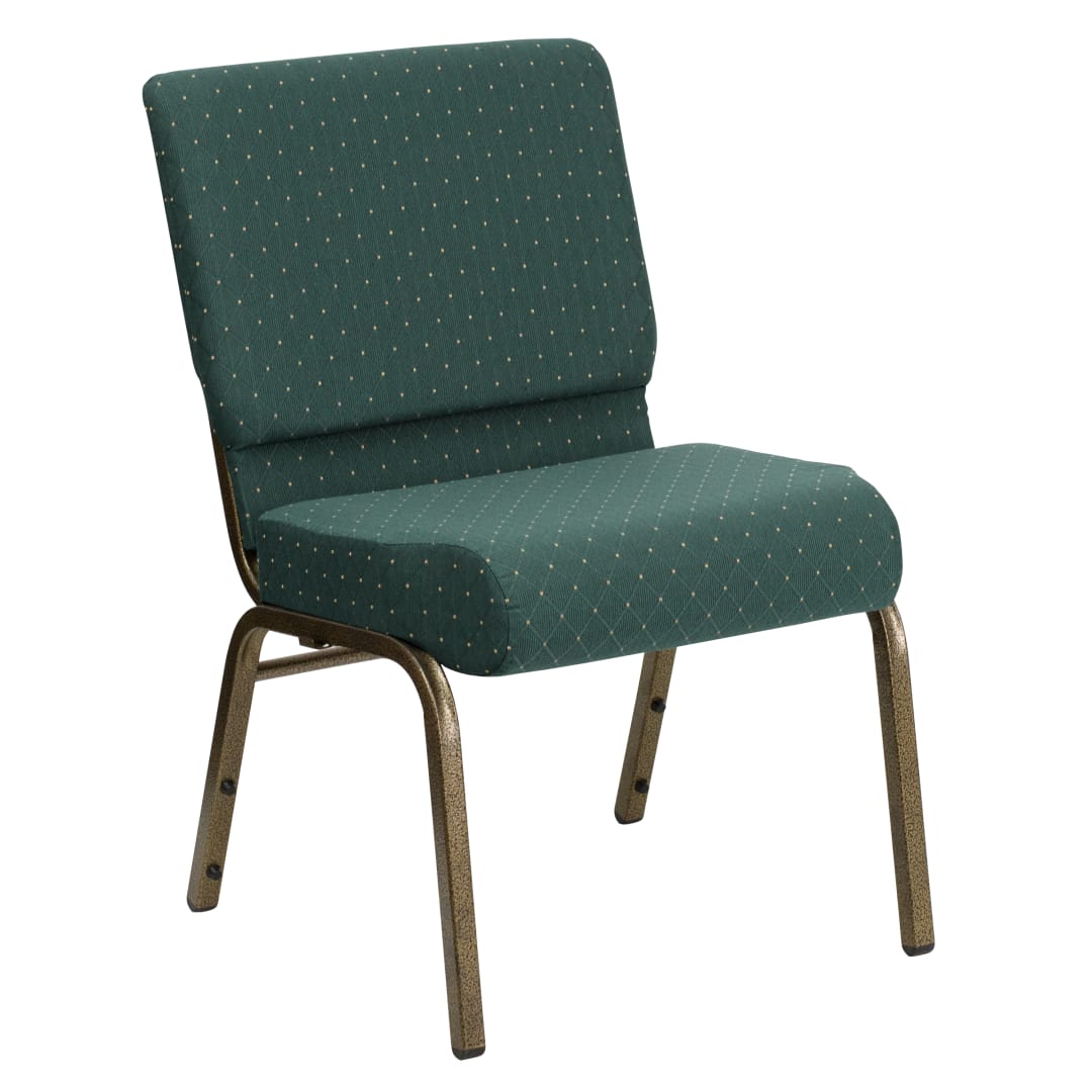 HERCULES Series 21''W Stacking Church Chair in Hunter Green Dot Patterned Fabric - Gold Vein Frame