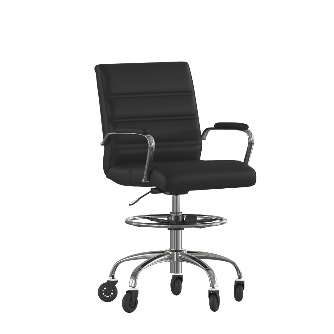 Lexi Mid-Back Black LeatherSoft Drafting Chair with Adjustable Foot Ring, Chrome Base, and Transparent Roller Wheels