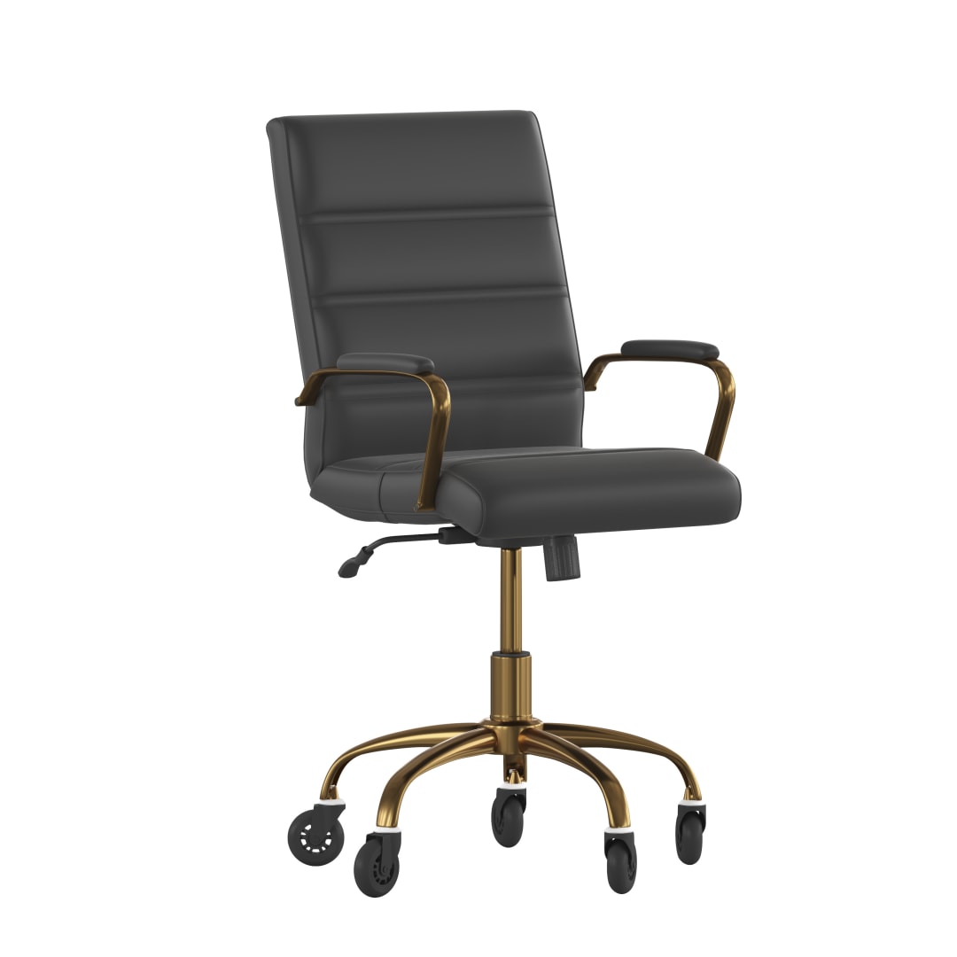 Camilia Mid-Back Black LeatherSoft Executive Swivel Office Chair with Gold Frame, Arms, and Transparent Roller Wheels