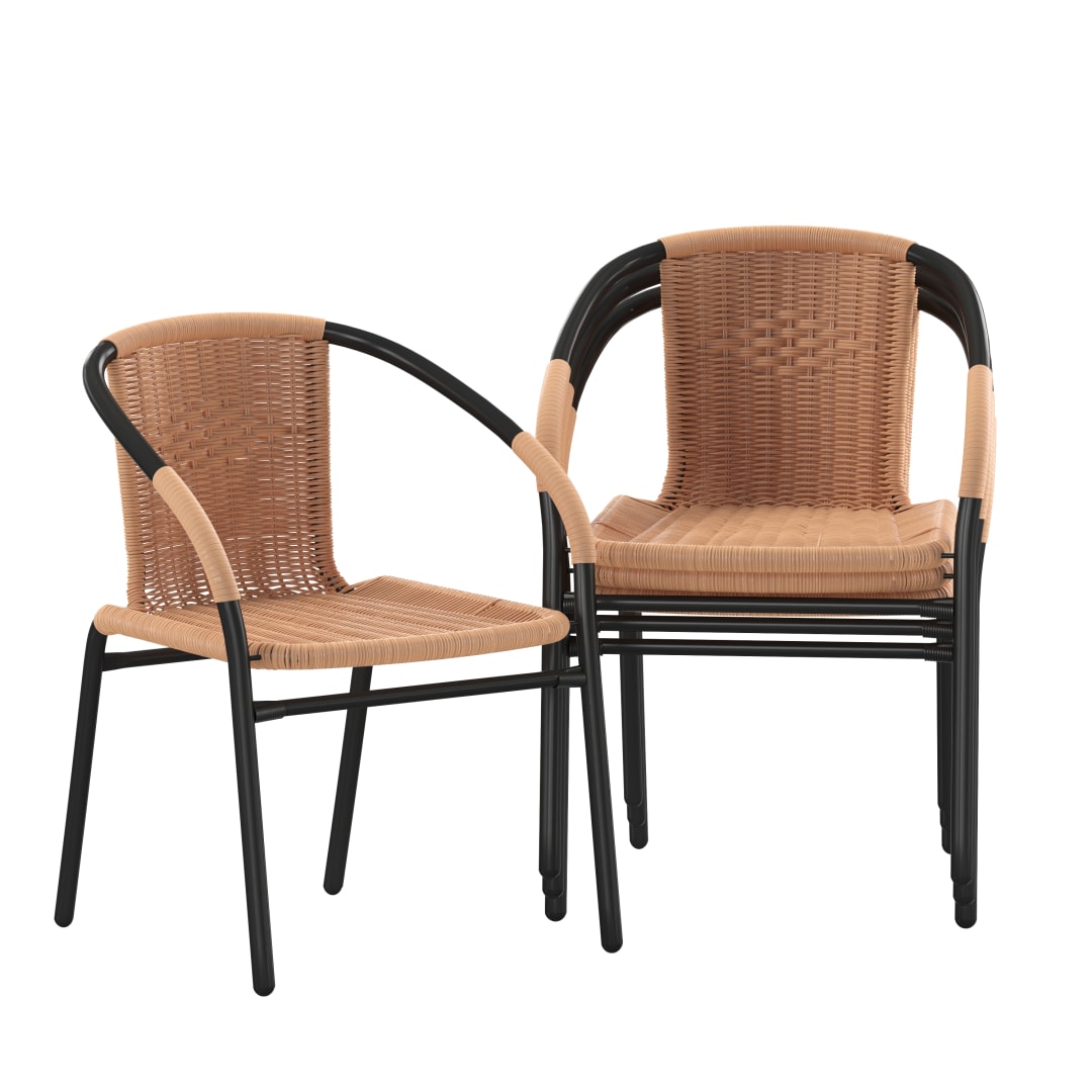 Lila Set of 4 Commercial Grade Beige Rattan Indoor-Outdoor Restaurant Stack Chairs