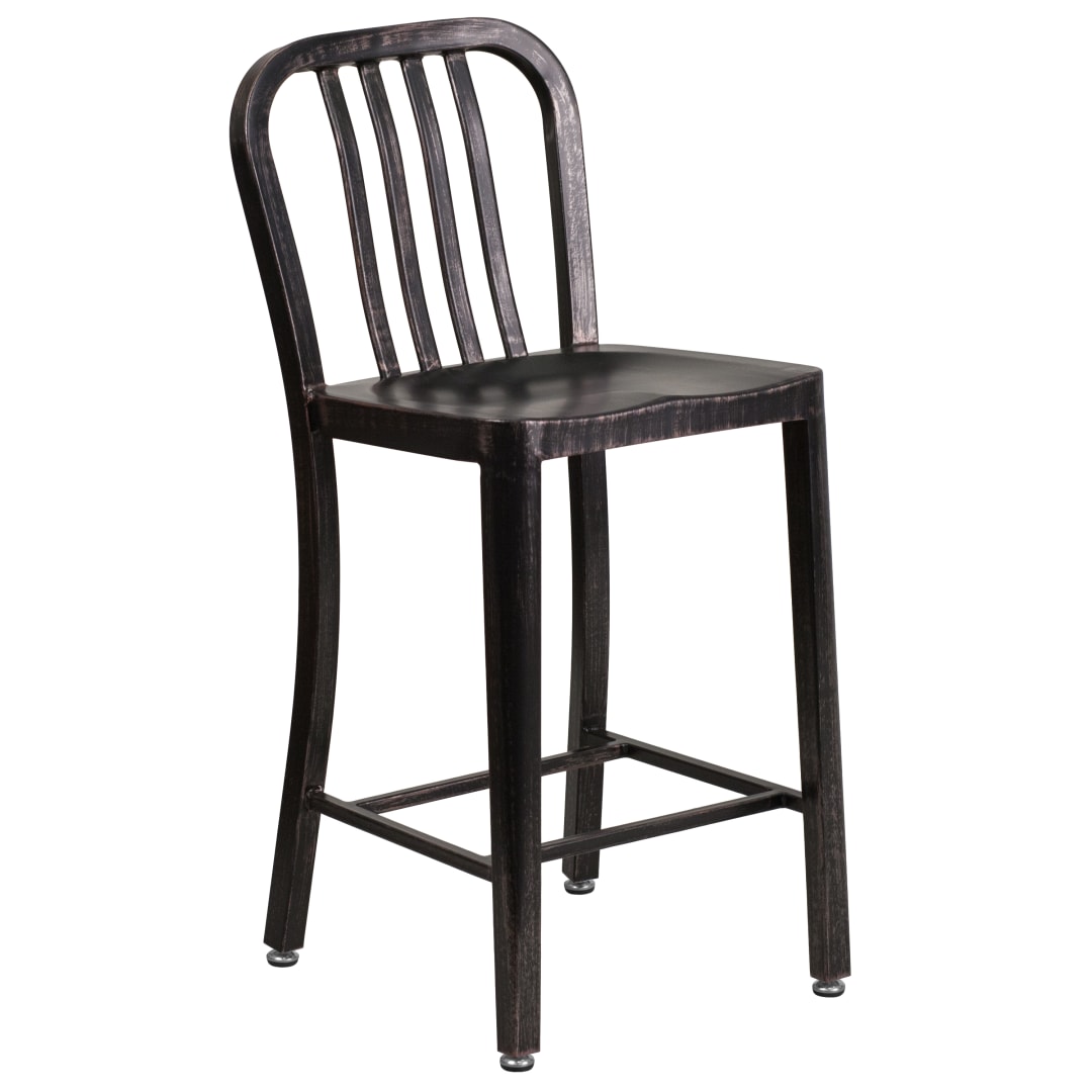 Gael Commercial Grade 24" High Black-Antique Gold Metal Indoor-Outdoor Counter Height Stool with Vertical Slat Back