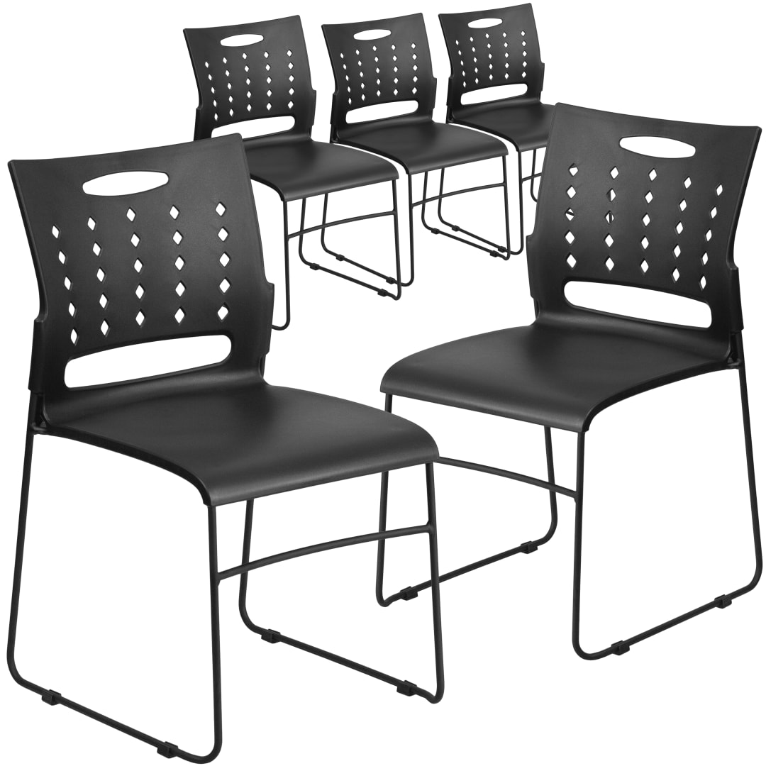 5 Pack HERCULES Series 881 lb. Capacity Black Sled Base Stack Chair with Air-Vent Back