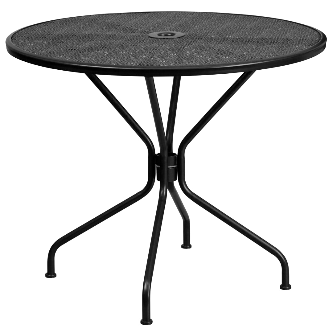 Oia Commercial Grade 35.25" Round Black Indoor-Outdoor Steel Patio Table with Umbrella Hole