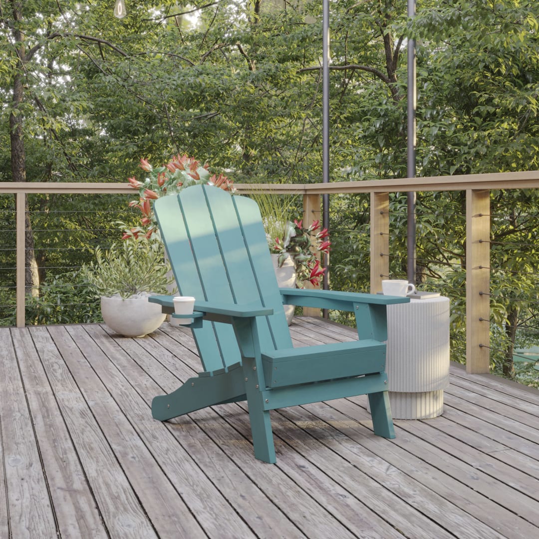 Newport Adirondack Chair with Cup Holder, Weather Resistant HDPE Adirondack Chair in Blue