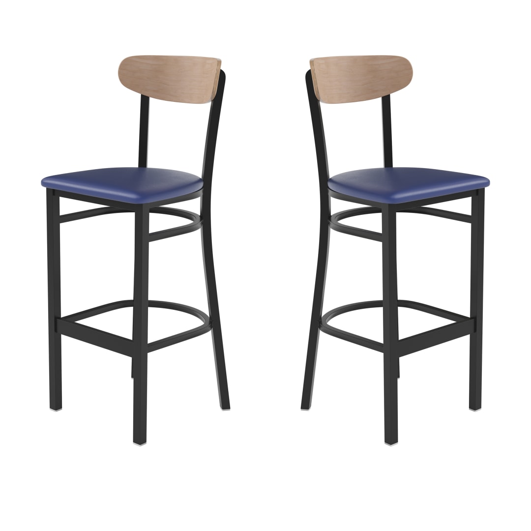 Wright Set of 2 Commercial Barstools with 500 LB. Capacity Black Steel Frame, Natural Birch Finish Wooden Boomerang Back, and Blue Vinyl Seat