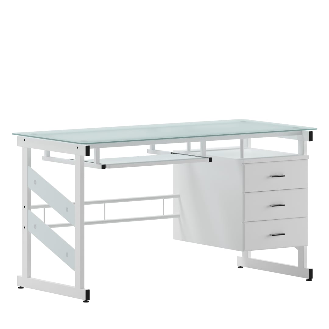 Singleton White Computer Desk with Frosted Glass Top and Three Drawer Pedestal