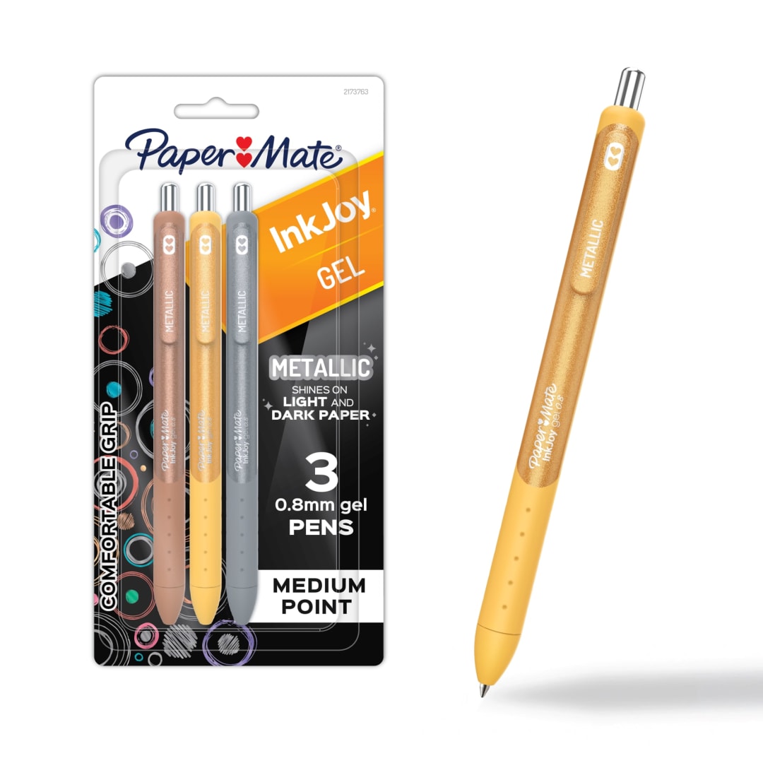 Paper Mate InkJoy Gel Pens, Metallic Pens, Retractable, Medium Point (0.8mm) Assorted Colors, 3 Count