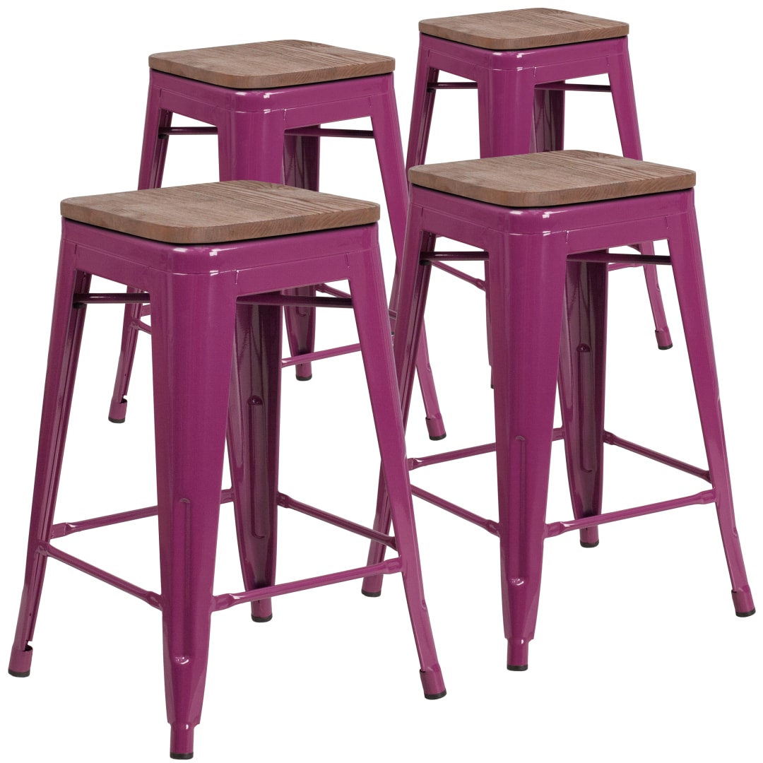 Shania 4 Pk. 24" High Backless Purple Counter Height Stool with Square Wood Seat