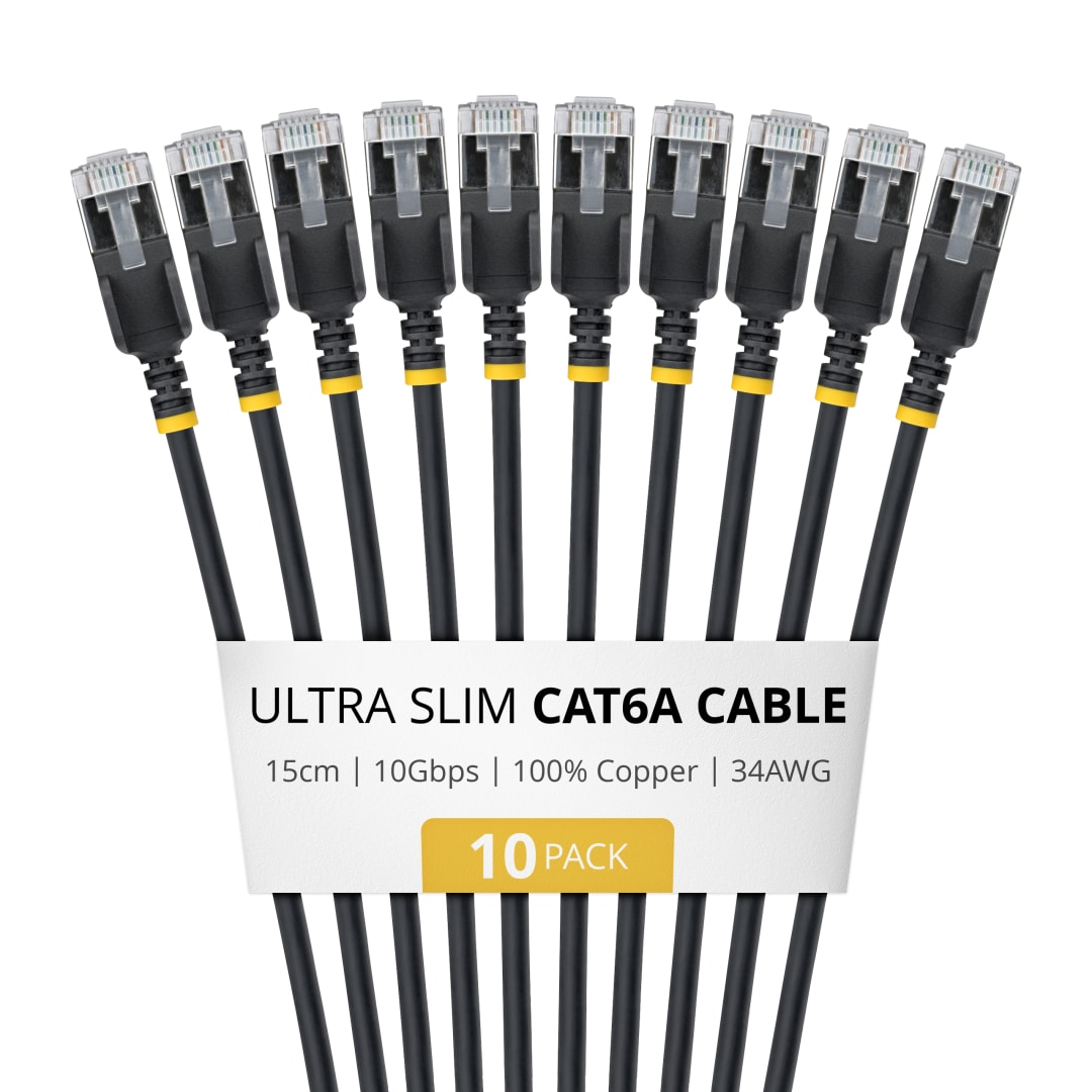 Cat6A STP 34AWG Ultra Slim Patch Cable, Black 15cm - 10 Pack