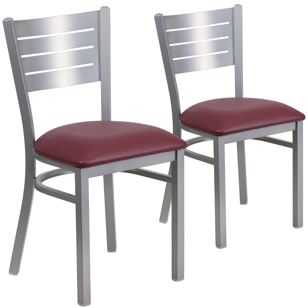 2 Pk. HERCULES Series Silver Slat Back Metal Restaurant Chair - Burgundy Vinyl Seat