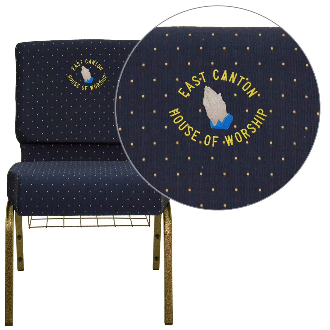 Embroidered HERCULES Series 21''W Church Chair in Navy Blue Dot Patterned Fabric with Book Rack - Gold Vein Frame