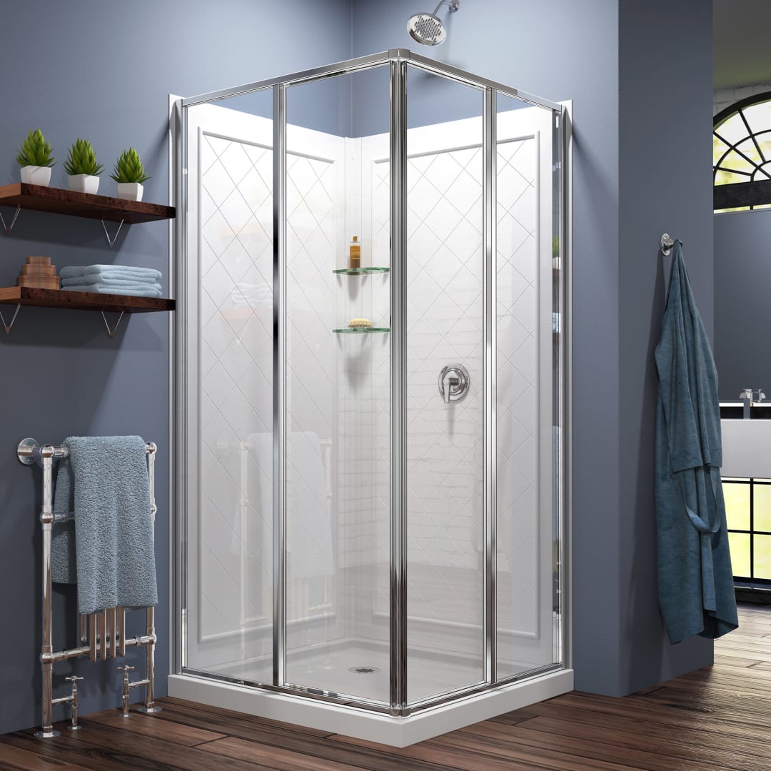 DreamLine Cornerview 36 inch D x 36 inch W x 76 3/4 inch H Framed Sliding Shower Enclosure in Chrome, Shower Base, and Wall Kit in White
