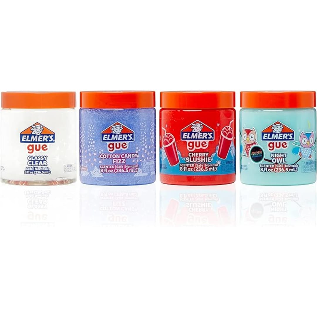 Elmer's Gue Premade Slime, Variety Pack, Includes Clear Slime, Glow in the Dark Slime, Crunchy Slime, 4 Count