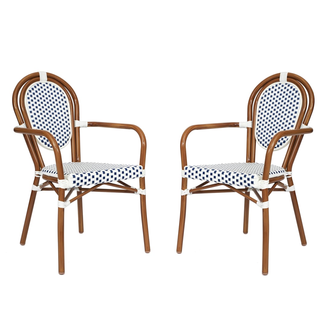 2 Pack Lourdes Indoor/Outdoor Commercial Thonet Bistro Stacking Chair with Arms, White and Navy PE Rattan and Bamboo Aluminum Frame in Natural