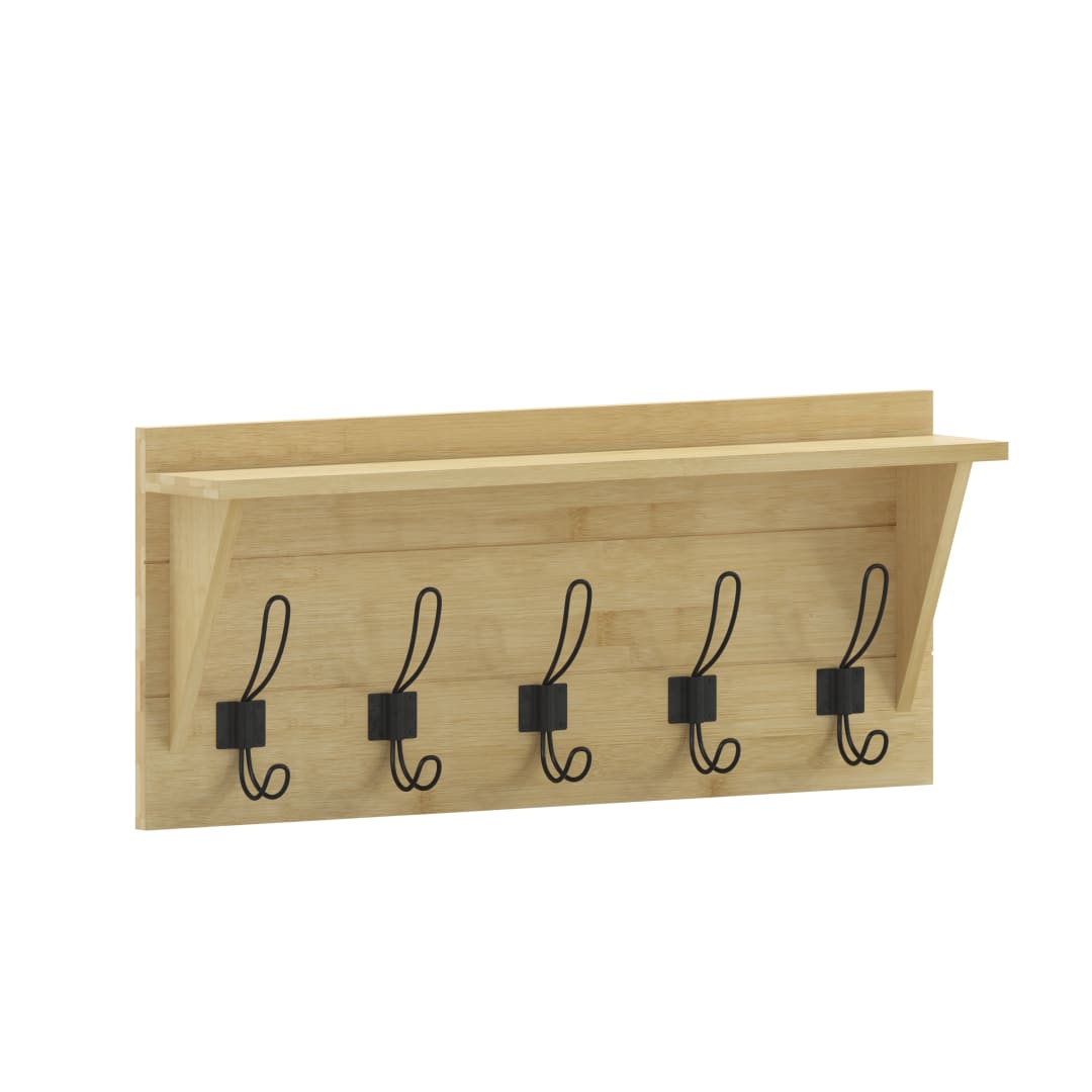 Daly Wall Mounted 24 Inch Solid Pine Wood Storage Rack with Upper Shelf and 5 Hooks For Entryway, Kitchen, Bathroom, Bamboo