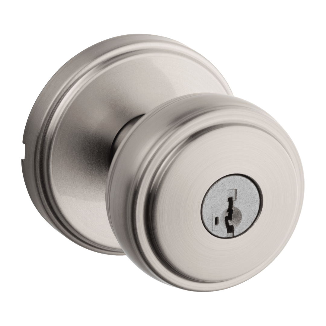 Sora Keyed Entry Knob w/ Round Rose featuring SmartKey Security™ in Satin Nickel