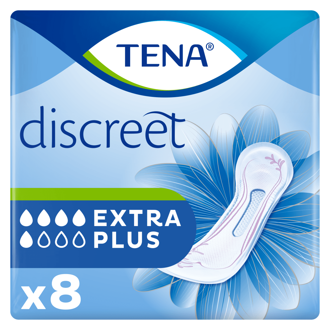 TENA Discreet Extra Plus Incontinence Pads for Women - For Medium to Heavy Bladder Weakness, Provides Triple Protection Against Leaks, Odour &amp; Moisture - Long-Lasting Dryness Up to 12 Hours, Pack of 8