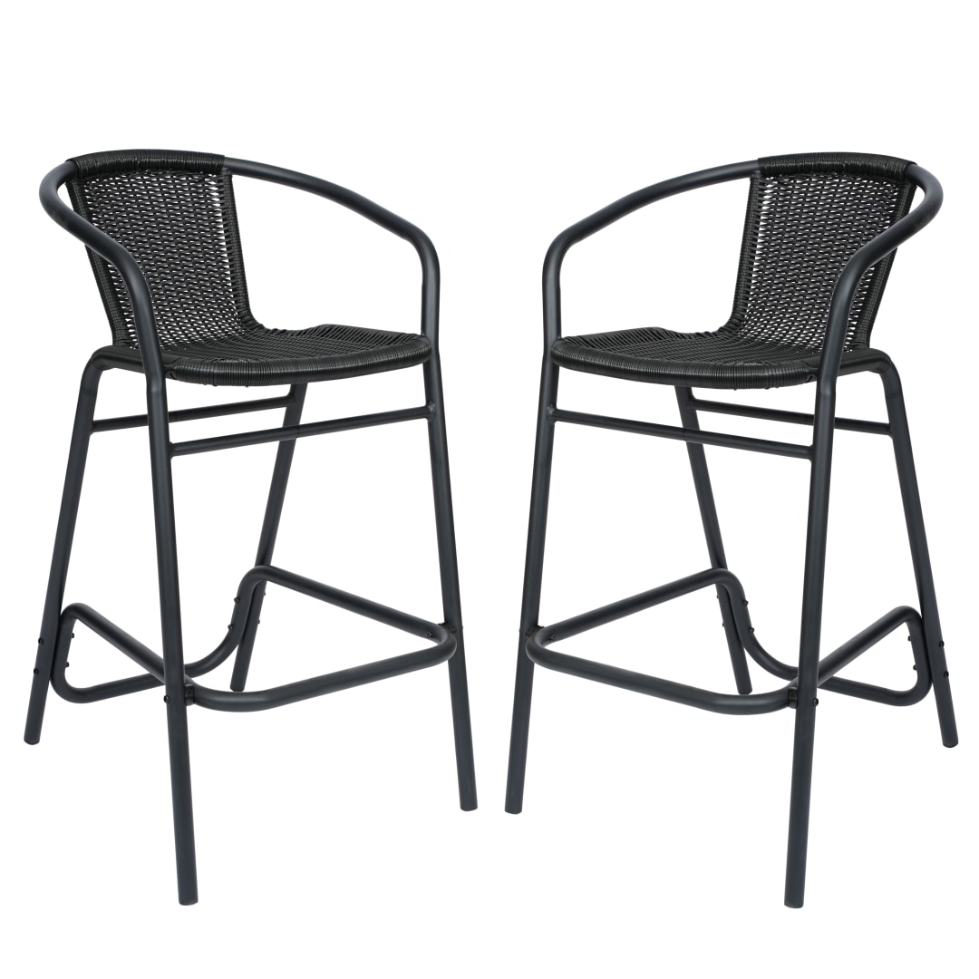 Lila Set of 2 Commercial Grade Indoor-Outdoor PE Rattan Restaurant Barstool with Black Aluminum Frame and Footrest in Black