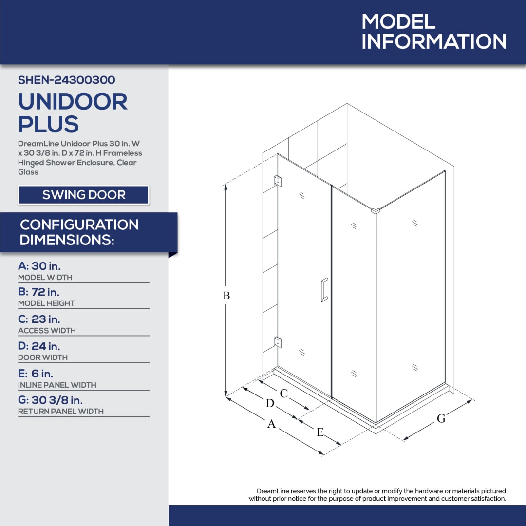 DreamLine Unidoor Plus 30 inch W x 30 3/8 inch D x 72 inch H Frameless ...