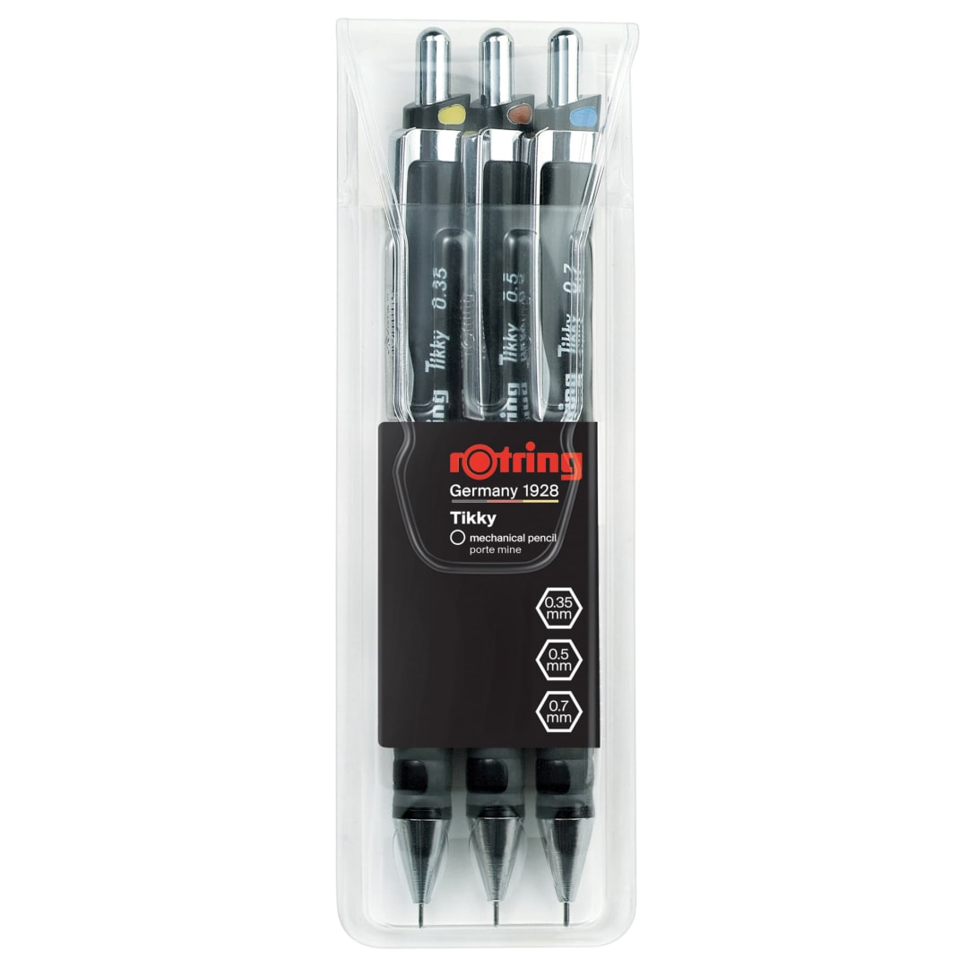 rOtring Tikky Mechanical Pencil | 0.35mm, 0.5mm and 0.7mm | HB Lead | Black Barrel | 3 Piece Set